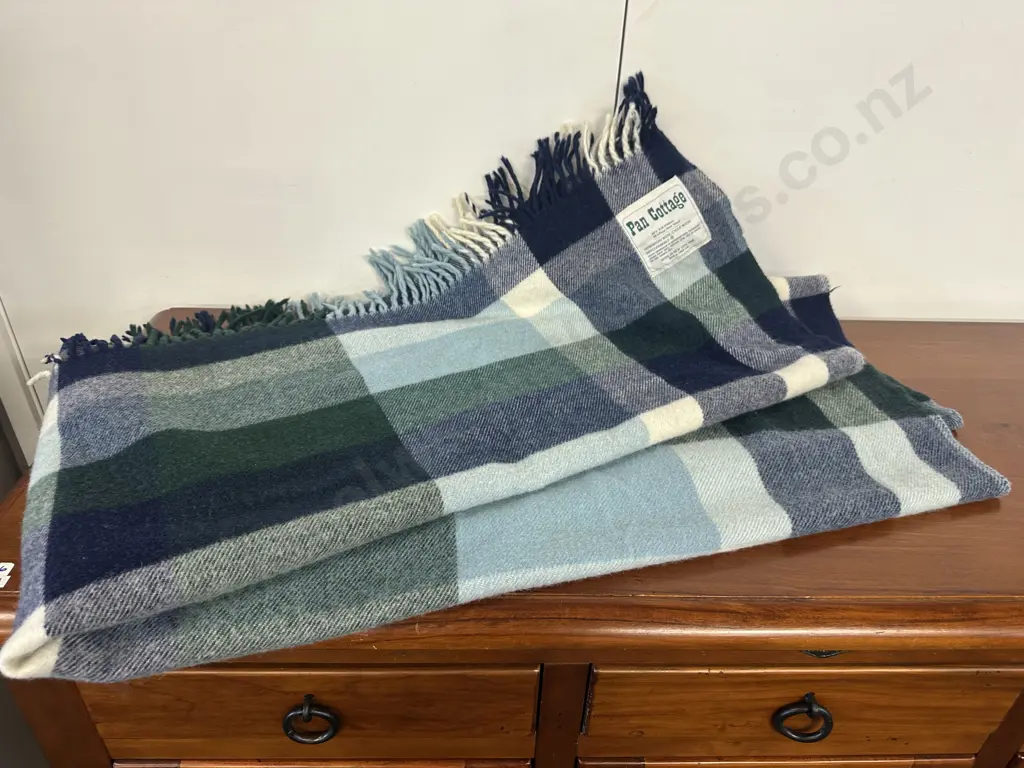 Rusk & Finch Ltd 'Pan Cottage' New Zealand Travel / Knee Rug - 50% Kid Mohair 50% Wool, Blue / Green / White Image 1++