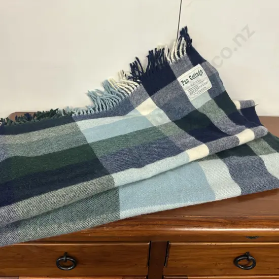 Rusk & Finch Ltd 'Pan Cottage' New Zealand Travel / Knee Rug - 50% Kid Mohair 50% Wool, Blue / Green / White