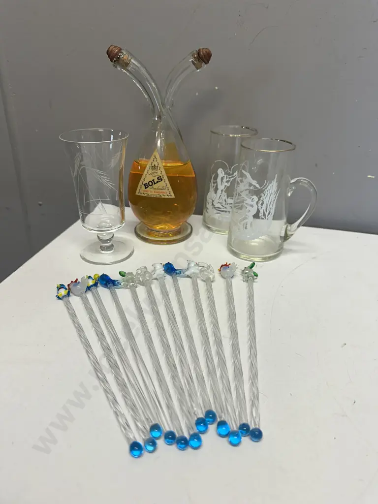Vintage Assorted Glass Animal Hand Blown Swizzle Sticks x 12, Glass Steins, Vintage Bols Bottle Etc Image 1++