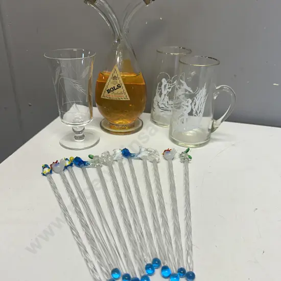 Vintage Assorted Glass Animal Hand Blown Swizzle Sticks x 12, Glass Steins, Vintage Bols Bottle Etc
