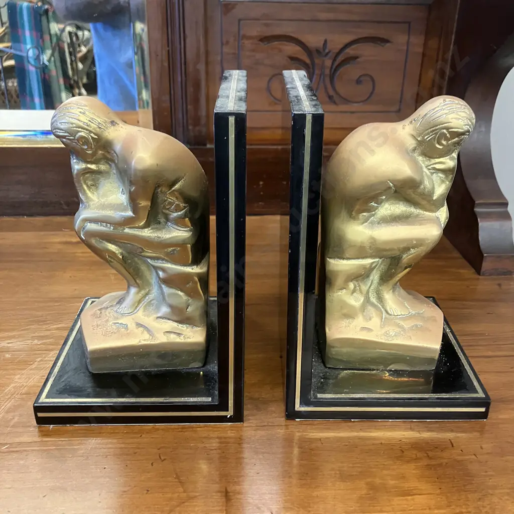 Art Deco Rodin's The Thinker Brass Bookends With a Black & Felt Lined Base 19 x 13cm Image 1++