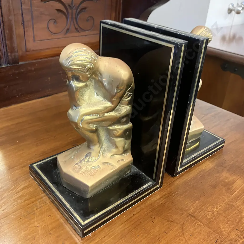 Art Deco Rodin's The Thinker Brass Bookends With a Black & Felt Lined Base 19 x 13cm Image 1++