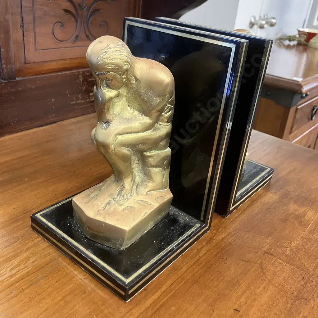 Art Deco Rodin's The Thinker Brass Bookends With a Black & Felt Lined Base 19 x 13cm Image 1++
