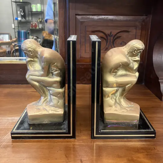 Art Deco Rodin's The Thinker Brass Bookends With a Black & Felt Lined Base 19 x 13cm