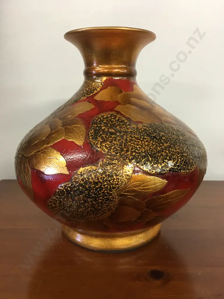 Decorative Bulbous Vase Red With Embossed Gold Leaf Detail H32,W33cm. Image 1++