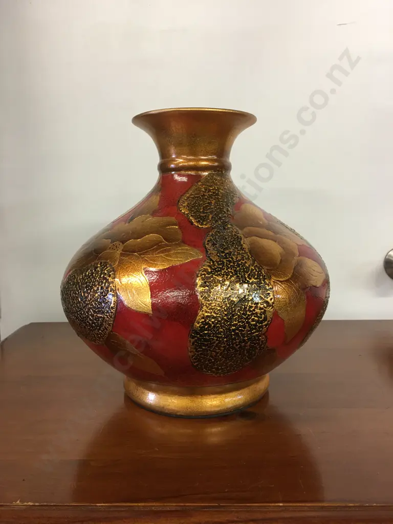 Decorative Bulbous Vase Red With Embossed Gold Leaf Detail H32,W33cm. Image 1++