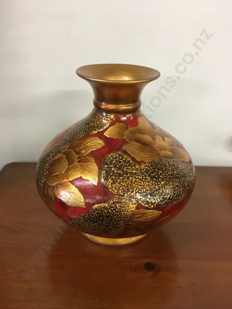 Decorative Bulbous Vase Red With Embossed Gold Leaf Detail H32,W33cm. Image 1++