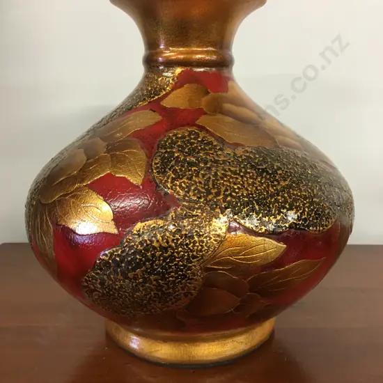 Decorative Bulbous Vase Red With Embossed Gold Leaf Detail H32,W33cm.