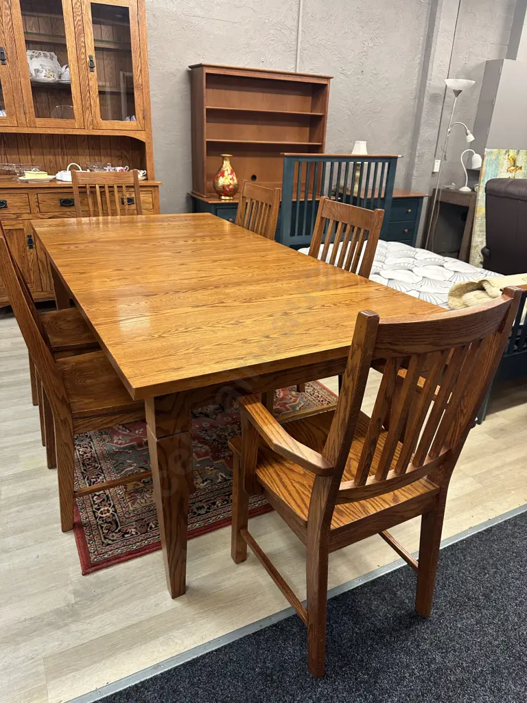 Canadian Oak Double Extension Table With 6 Chairs Including 2 Carvers. H77 W153.5 D106.5 Image 1++