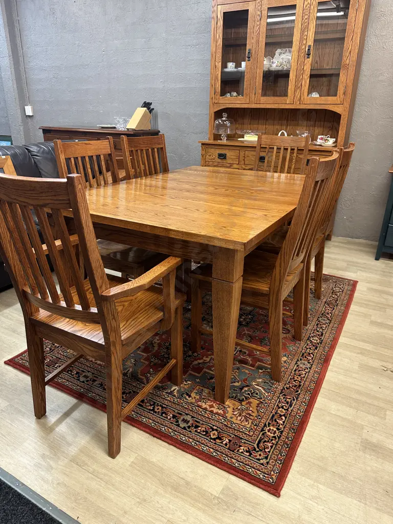 Canadian Oak Double Extension Table With 6 Chairs Including 2 Carvers. H77 W153.5 D106.5 Image 1++