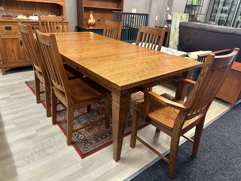 Canadian Oak Double Extension Table With 6 Chairs Including 2 Carvers. H77 W153.5 D106.5 Image 1++