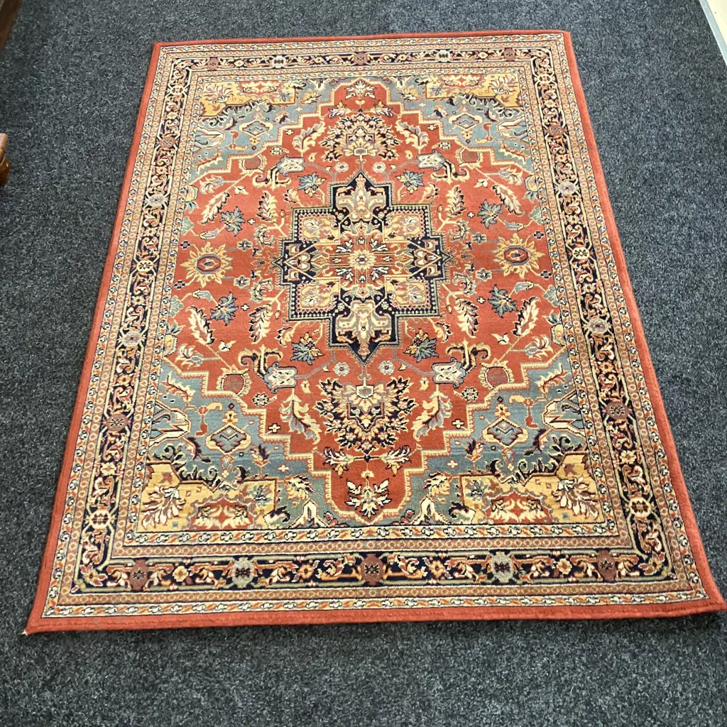 Belgium Floor Rug - Terracotta / Black / Blue Tones, NZ Wool. 135 x 210cm Image 1++