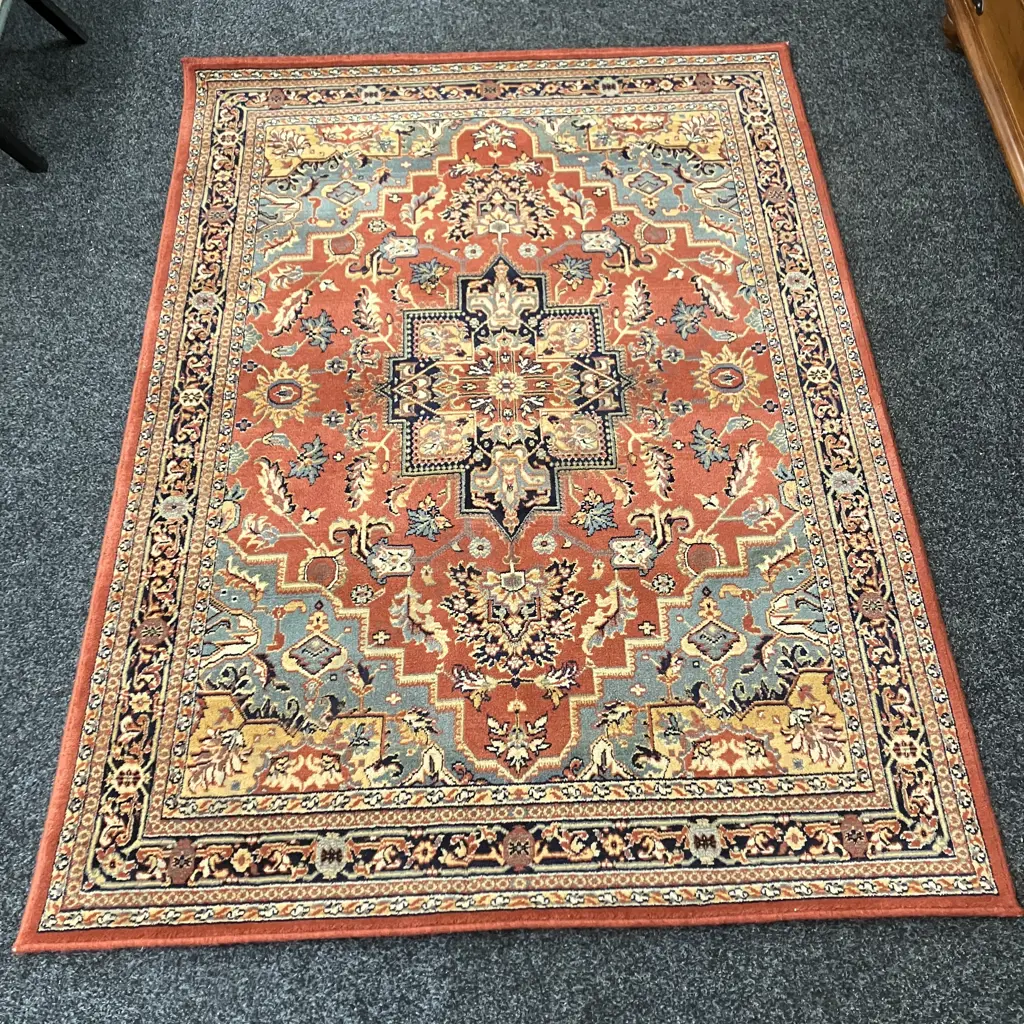 Belgium Floor Rug - Terracotta / Black / Blue Tones, NZ Wool. 135 x 210cm Image 1++
