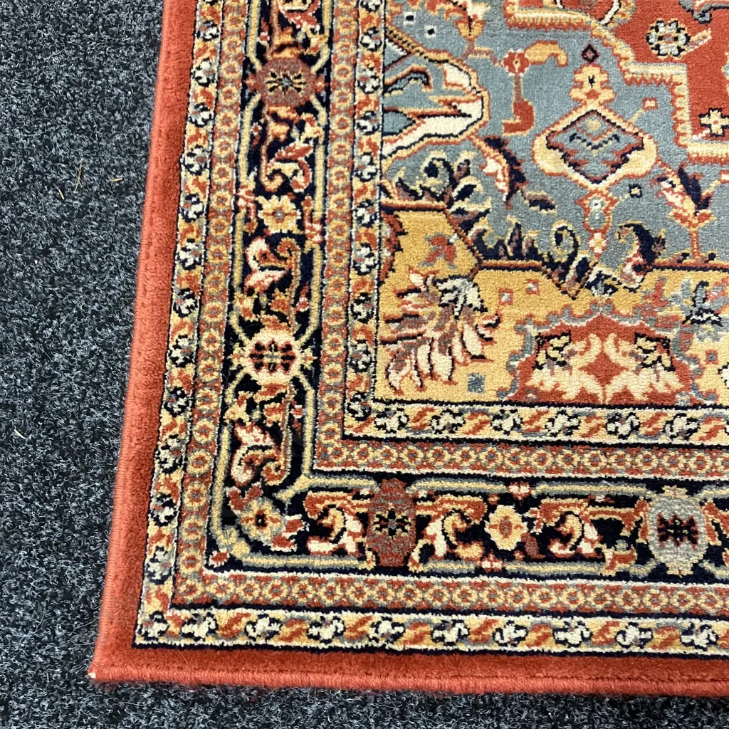 Belgium Floor Rug - Terracotta / Black / Blue Tones, NZ Wool. 135 x 210cm Image 1++