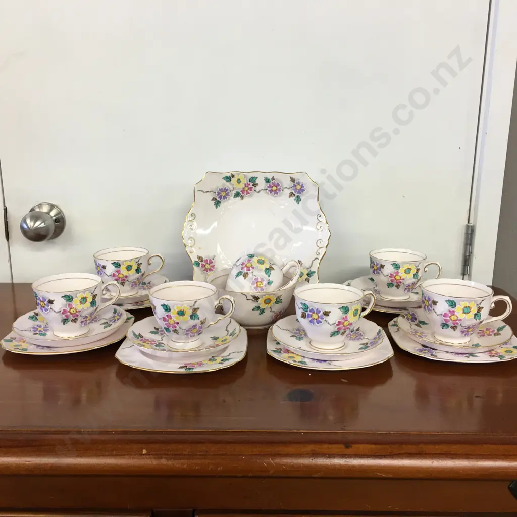 Vintage Tuscan Fine English Bone China Fantasy Pattern Teaware, 23 Piece, Scalloped Gold Rim, Multi Colour Floral Image 1++