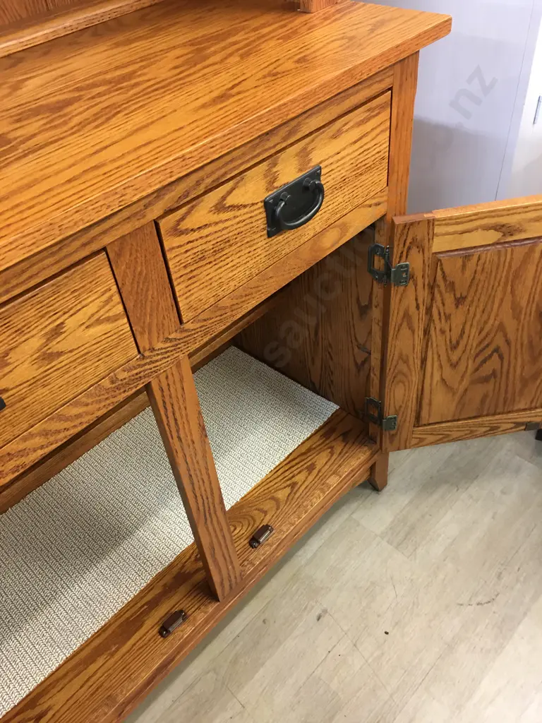 Canadian Oak Hutchdresser Three Drawer, Three Door at Base, Top Has Three Glass Doors, Two Glass Shelves & Grooved Back  Image 1++