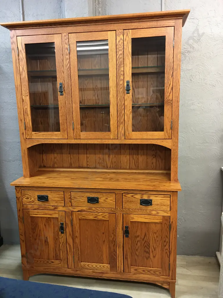 Canadian Oak Hutchdresser Three Drawer, Three Door at Base, Top Has Three Glass Doors, Two Glass Shelves & Grooved Back  Image 1++