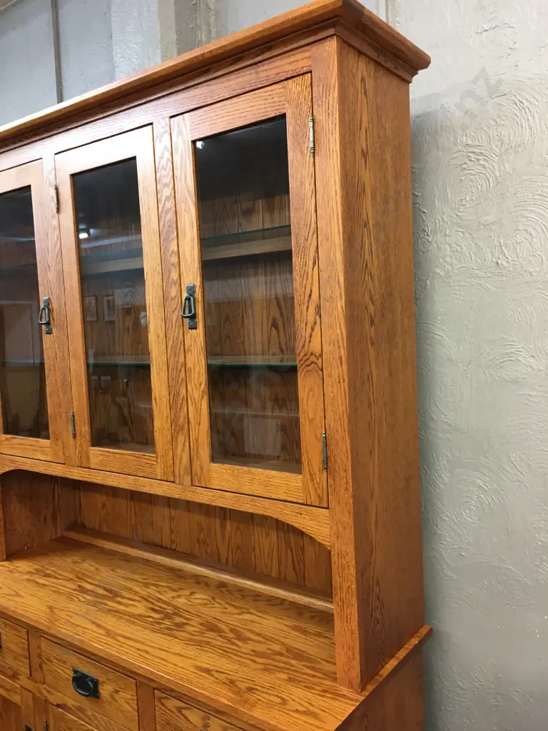 Canadian Oak Hutchdresser Three Drawer, Three Door at Base, Top Has Three Glass Doors, Two Glass Shelves & Grooved Back  Image 1++
