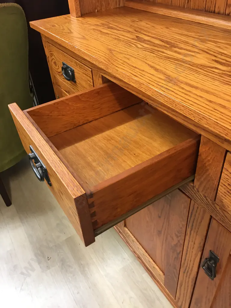 Canadian Oak Hutchdresser Three Drawer, Three Door at Base, Top Has Three Glass Doors, Two Glass Shelves & Grooved Back  Image 1++