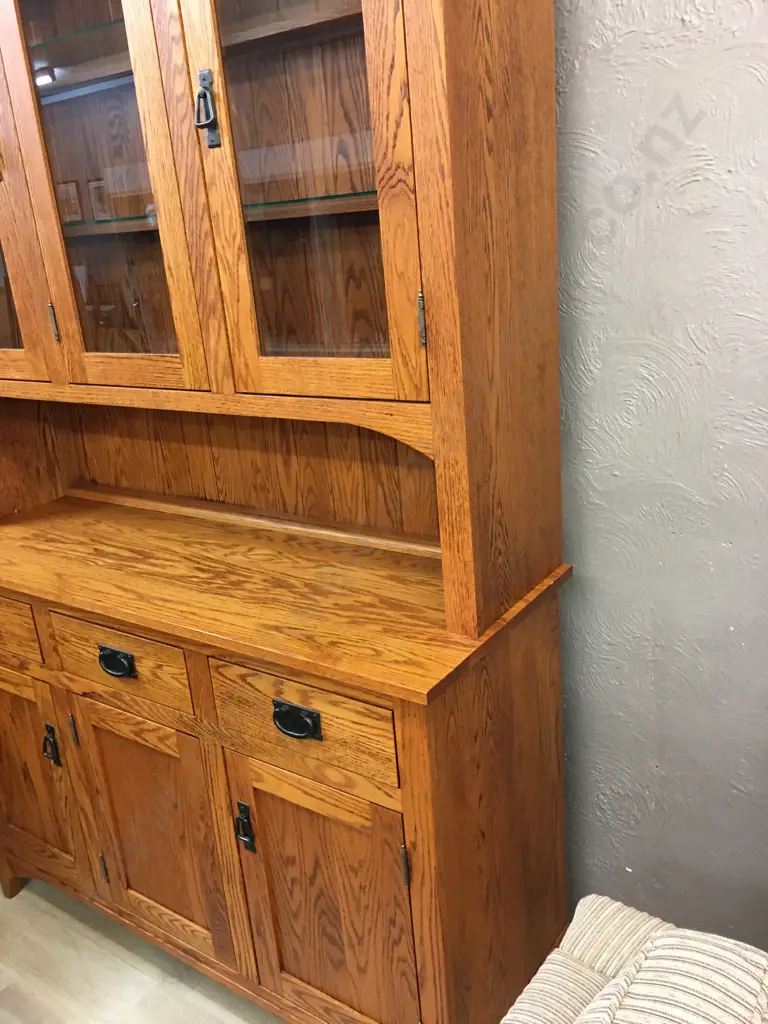 Canadian Oak Hutchdresser Three Drawer, Three Door at Base, Top Has Three Glass Doors, Two Glass Shelves & Grooved Back  Image 1++