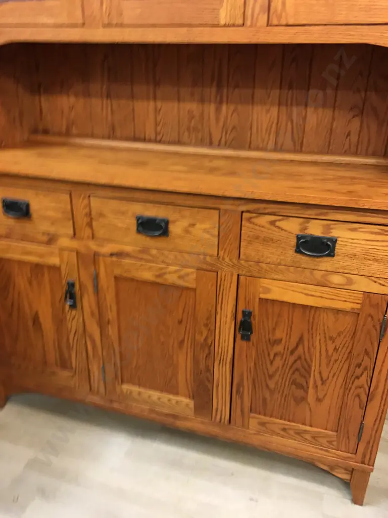 Canadian Oak Hutchdresser Three Drawer, Three Door at Base, Top Has Three Glass Doors, Two Glass Shelves & Grooved Back  Image 1++
