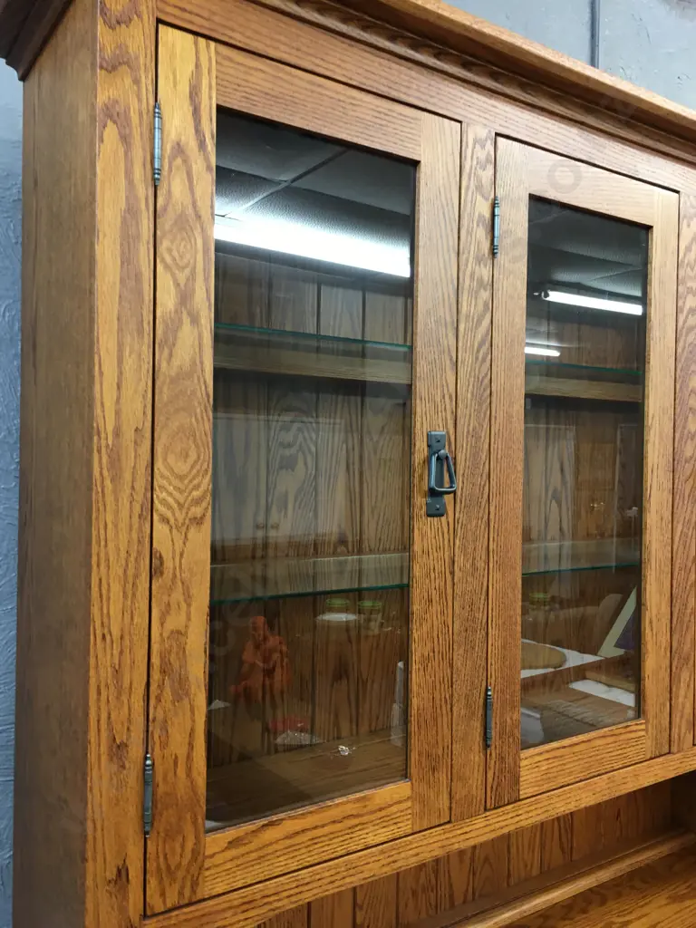 Canadian Oak Hutchdresser Three Drawer, Three Door at Base, Top Has Three Glass Doors, Two Glass Shelves & Grooved Back  Image 1++