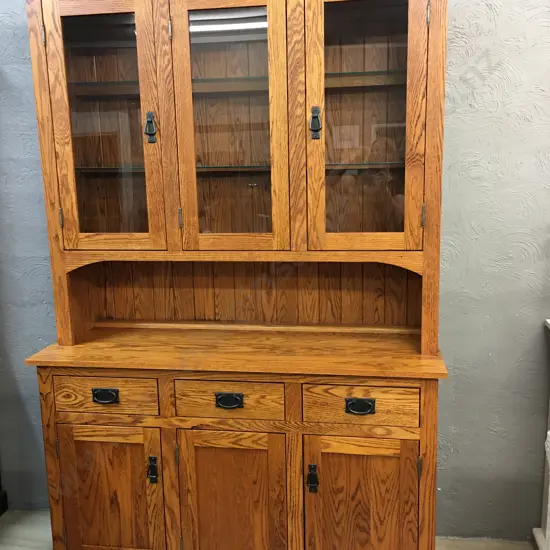 Canadian Oak Hutchdresser Three Drawer, Three Door at Base, Top Has Three Glass Doors, Two Glass Shelves & Grooved Back 
