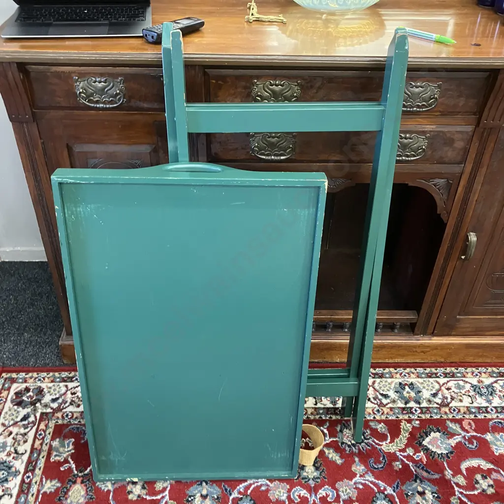 Wooden Butlers Tray On Folding Stand, Painted Green. H78 W80 D51cm Image 1++