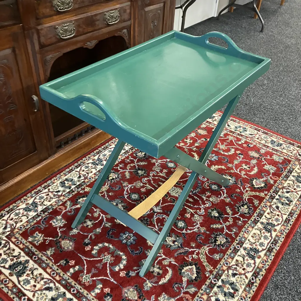 Wooden Butlers Tray On Folding Stand, Painted Green. H78 W80 D51cm Image 1++