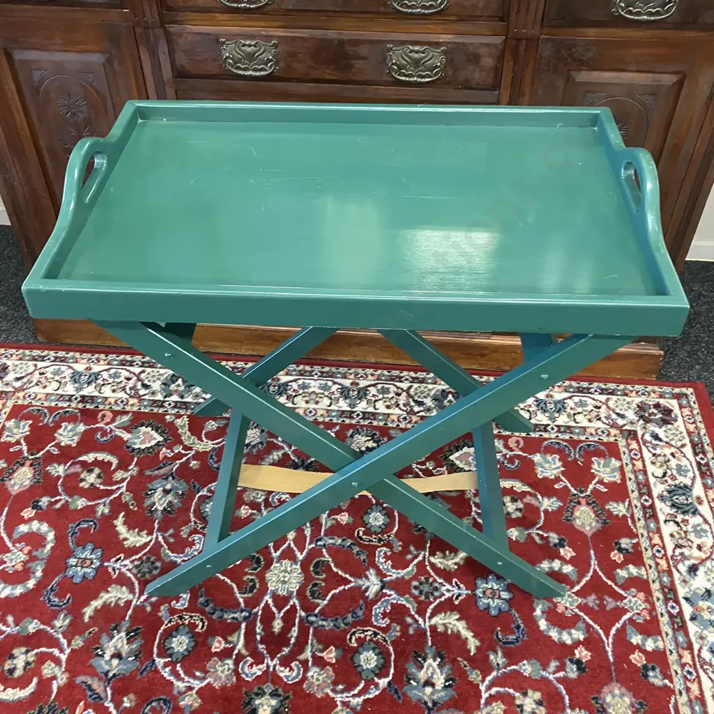 Wooden Butlers Tray On Folding Stand, Painted Green. H78 W80 D51cm Image 1++