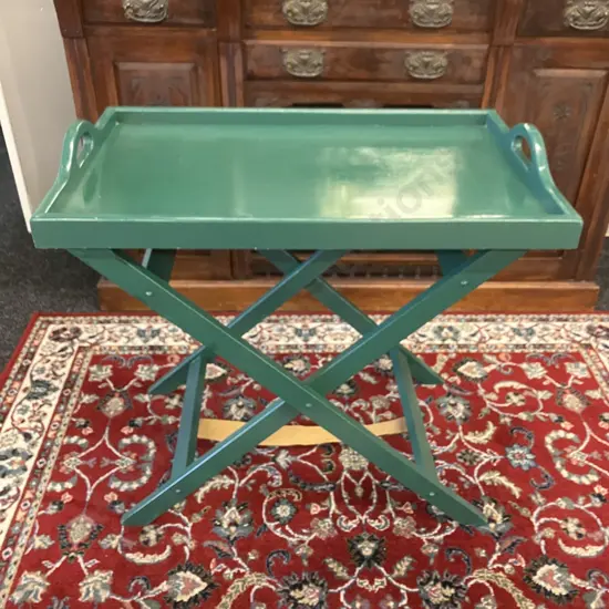 Wooden Butlers Tray On Folding Stand, Painted Green. H78 W80 D51cm