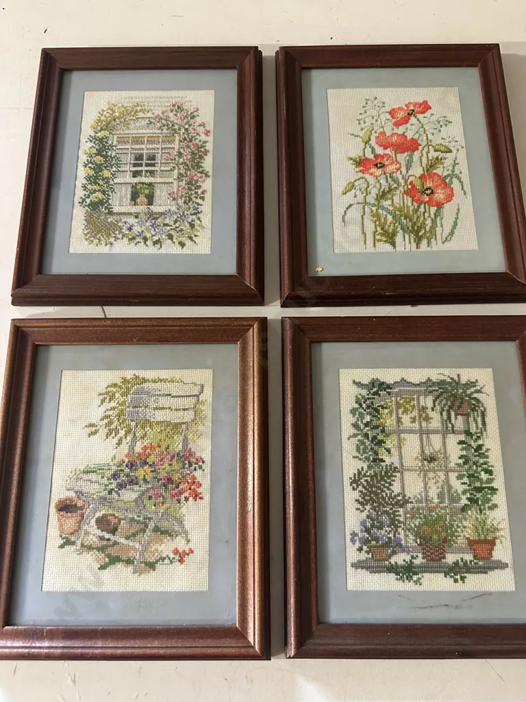 Framed Garden Themed Tapestry Artworks x 4. 30 x 25cm Image 1++