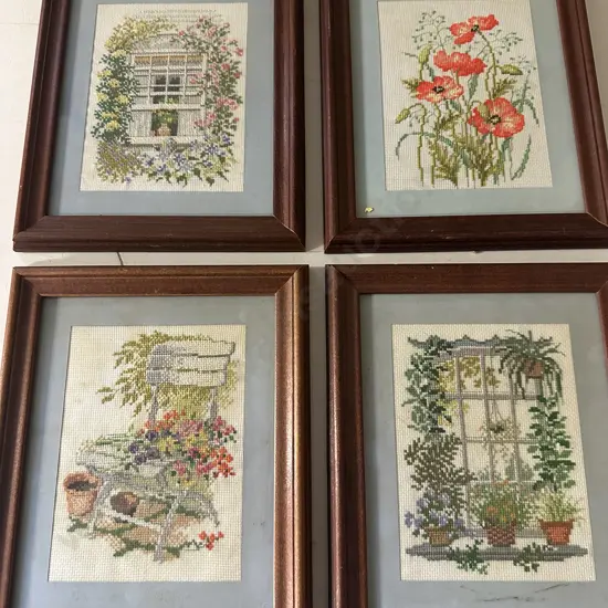 Framed Garden Themed Tapestry Artworks x 4. 30 x 25cm