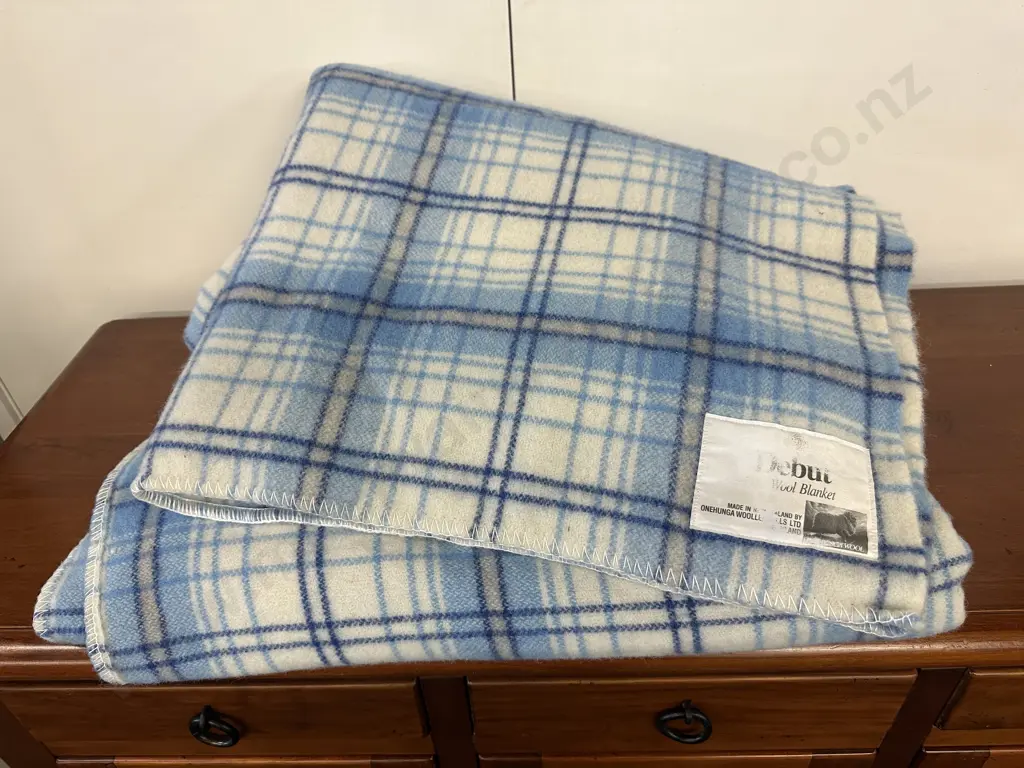 Pair of Onehunga Debut Double Woollen Blankets, Blue & White Image 1++