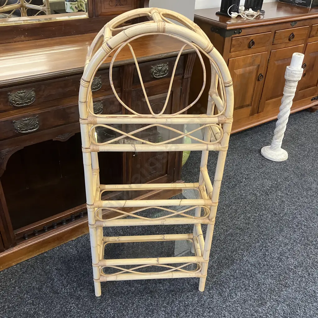 Vintage Cane & Glass 3 Shelf Unit. H122 W52 D26cm Image 1++