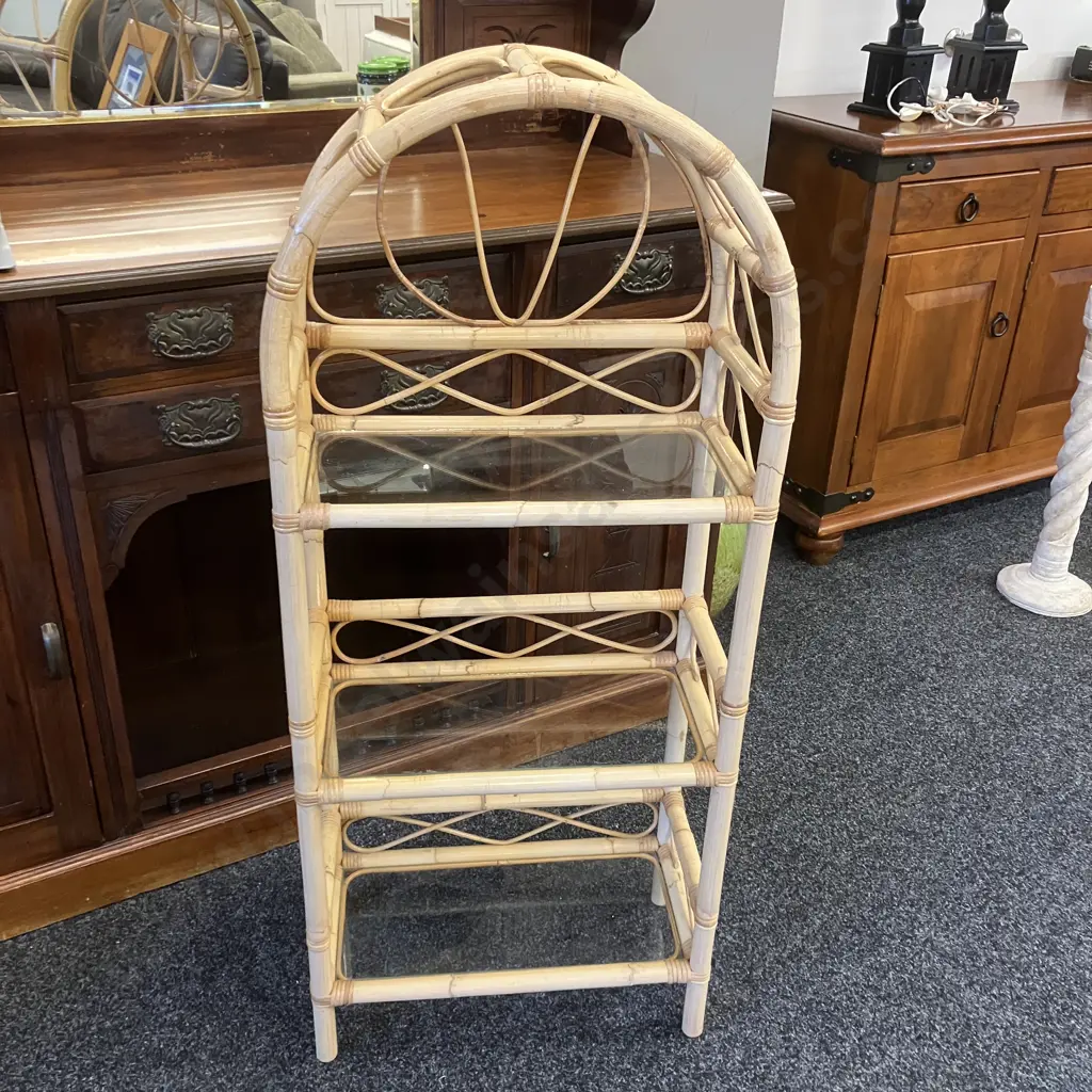 Vintage Cane & Glass 3 Shelf Unit. H122 W52 D26cm Image 1++