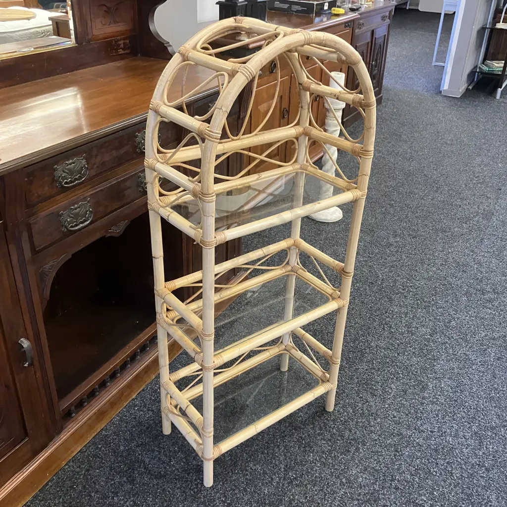 Vintage Cane & Glass 3 Shelf Unit. H122 W52 D26cm Image 1++