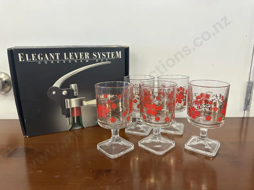 Set of Five Retro Footed Wine Glasses &  A Elegant Lever System Corkscrew Set Image 1++