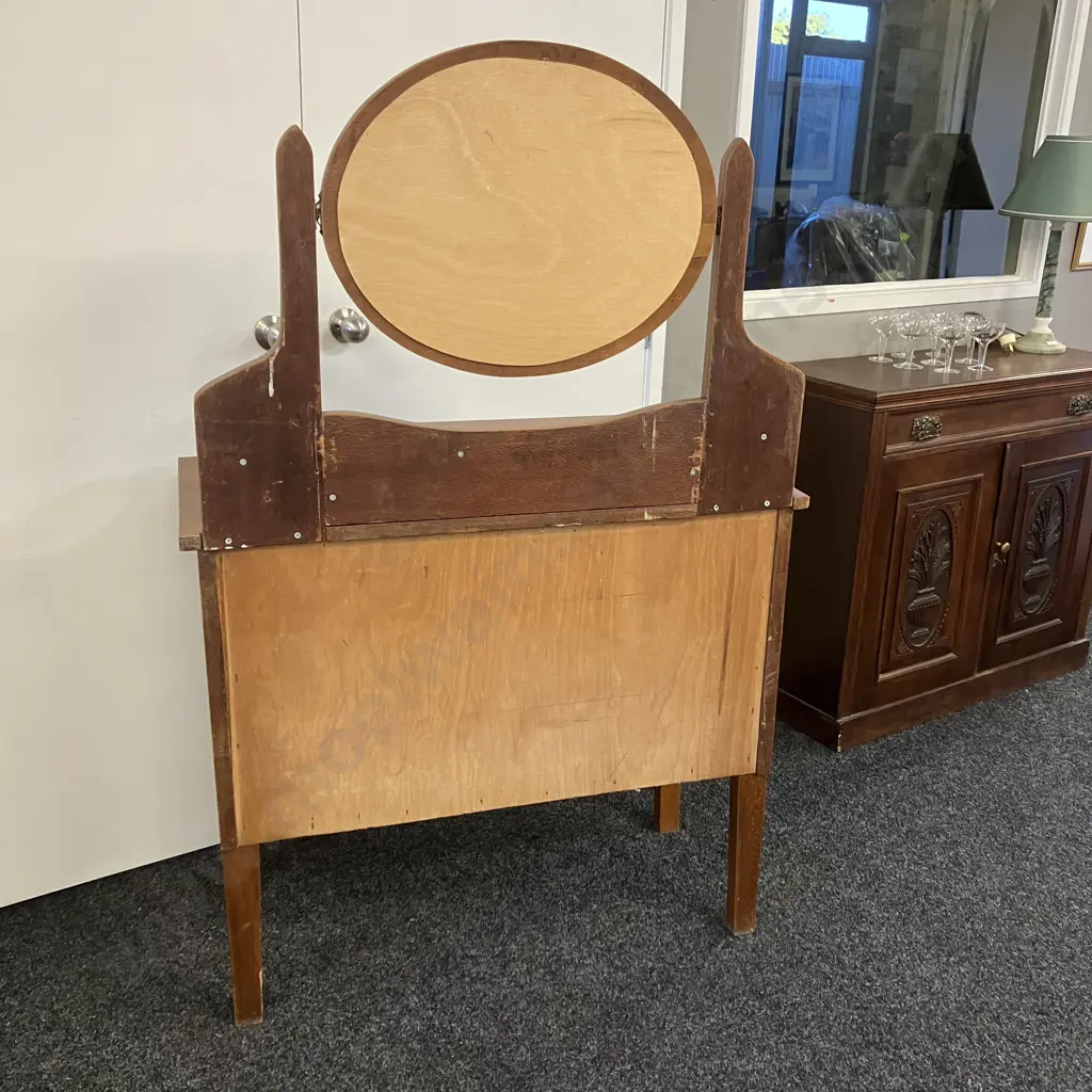 Vintage Oak 2 Drawer Dressing Table With Oval Bevelled Mirror, Brass Drop Handles. H153 W99 D44cm Image 1++