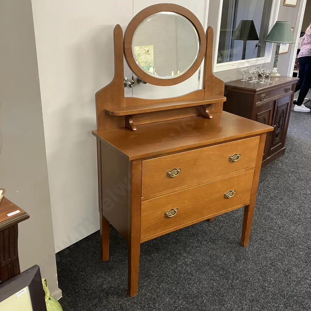 Vintage Oak 2 Drawer Dressing Table With Oval Bevelled Mirror, Brass Drop Handles. H153 W99 D44cm Image 1++