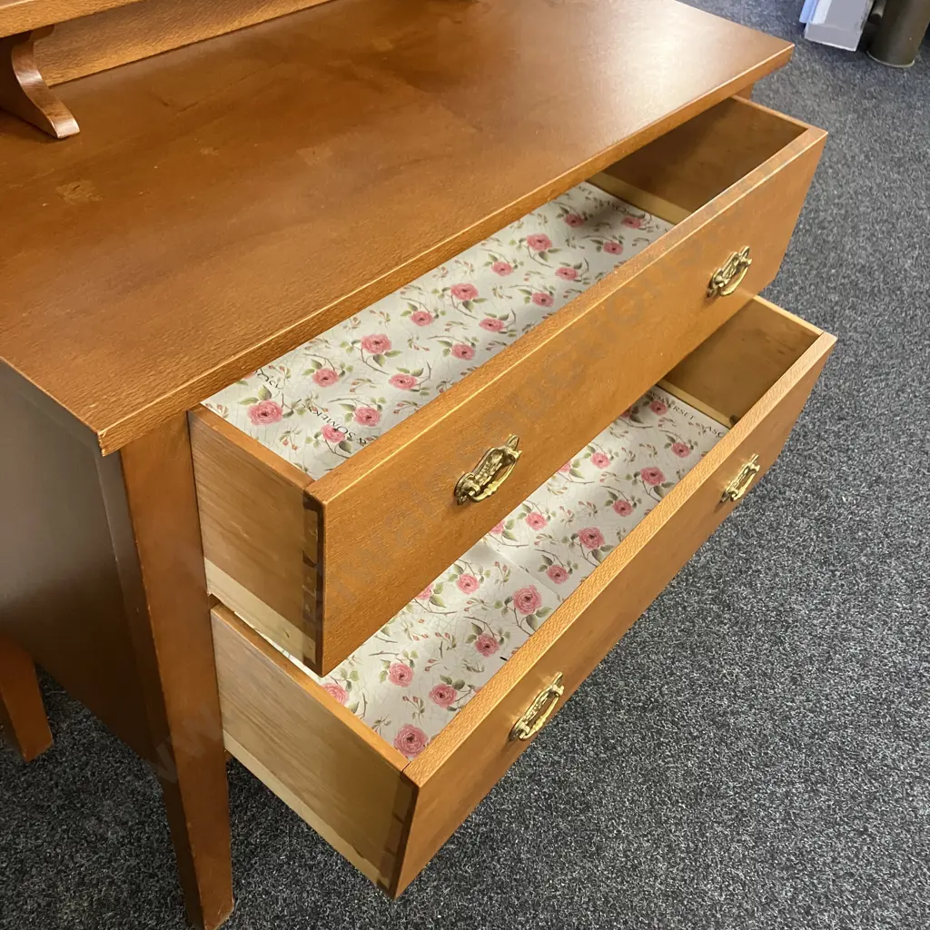 Vintage Oak 2 Drawer Dressing Table With Oval Bevelled Mirror, Brass Drop Handles. H153 W99 D44cm Image 1++