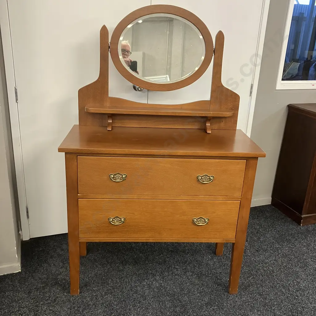 Vintage Oak 2 Drawer Dressing Table With Oval Bevelled Mirror, Brass Drop Handles. H153 W99 D44cm Image 1++