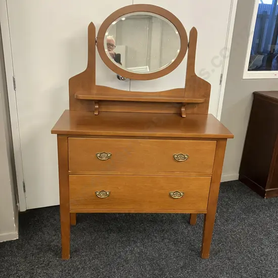 Vintage Oak 2 Drawer Dressing Table With Oval Bevelled Mirror, Brass Drop Handles. H153 W99 D44cm