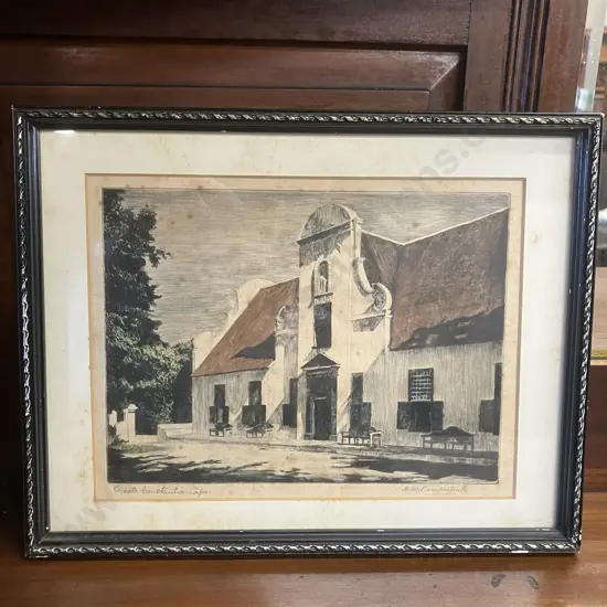 Etching of Groot Constantia, South Africa , Signed H. M. Pemberton (Hilda Mary Pemberton). 22 x 28cm