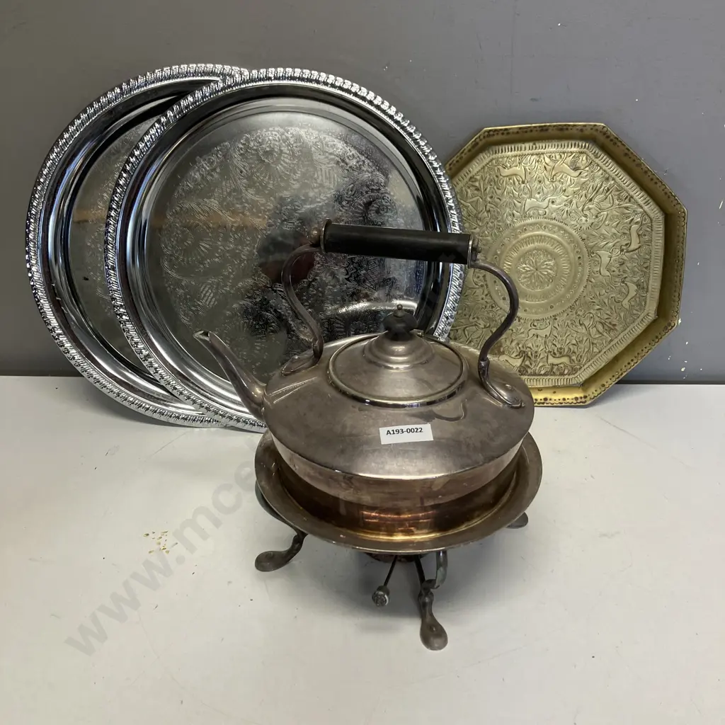Silverware Teapot With Stand & Burner, Trays & Brass Tray Image 1++