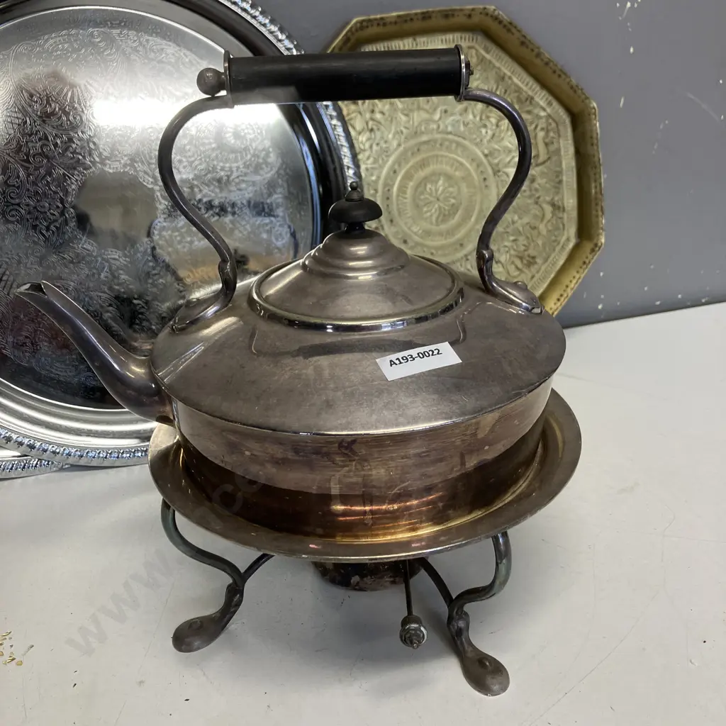 Silverware Teapot With Stand & Burner, Trays & Brass Tray Image 1++