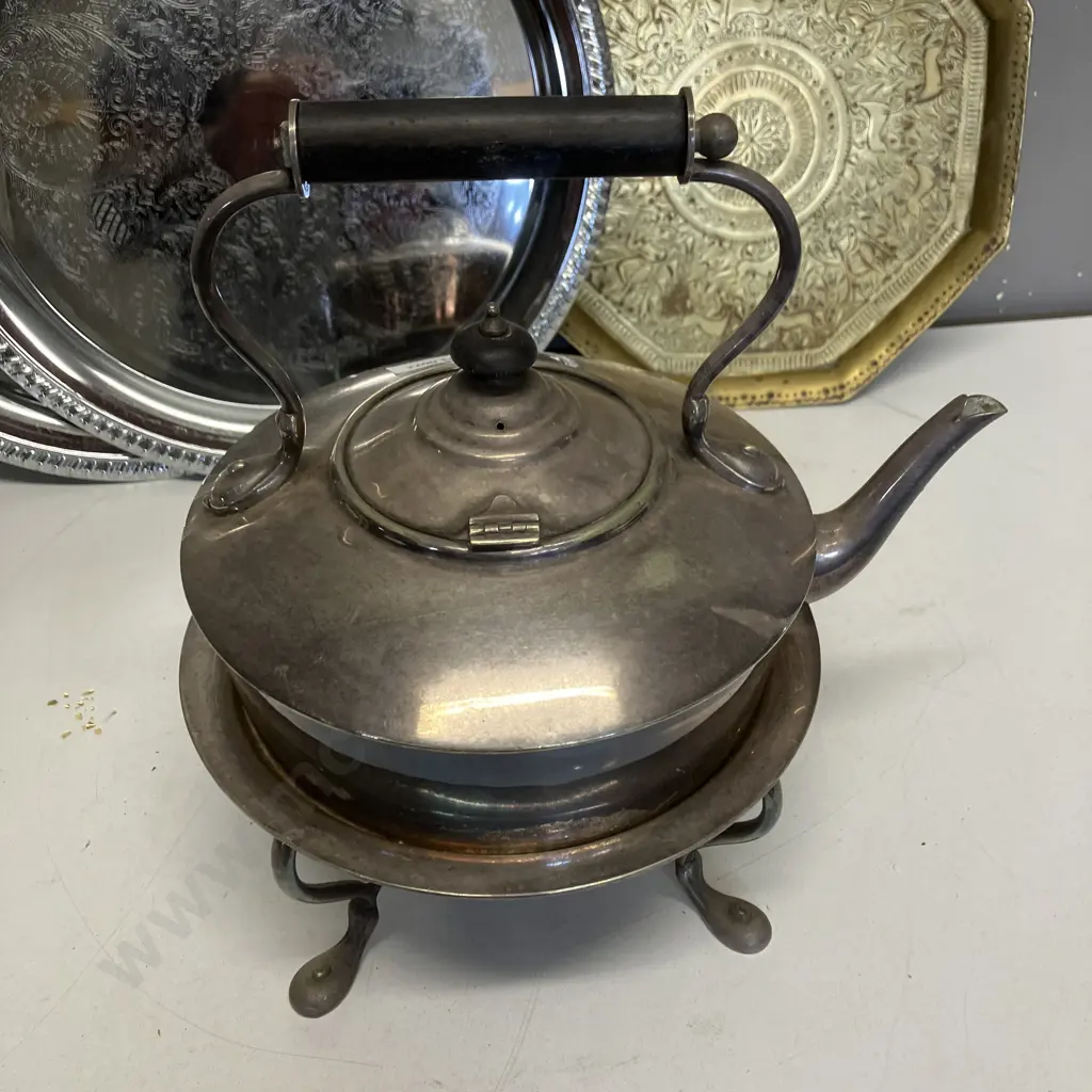 Silverware Teapot With Stand & Burner, Trays & Brass Tray Image 1++