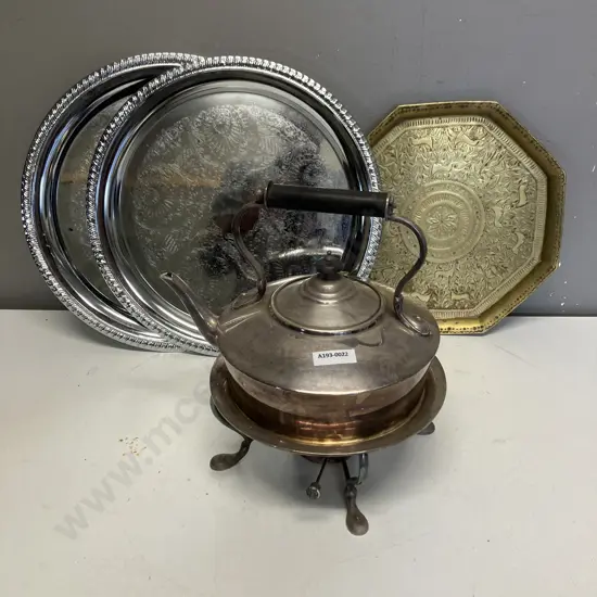 Silverware Teapot With Stand & Burner, Trays & Brass Tray