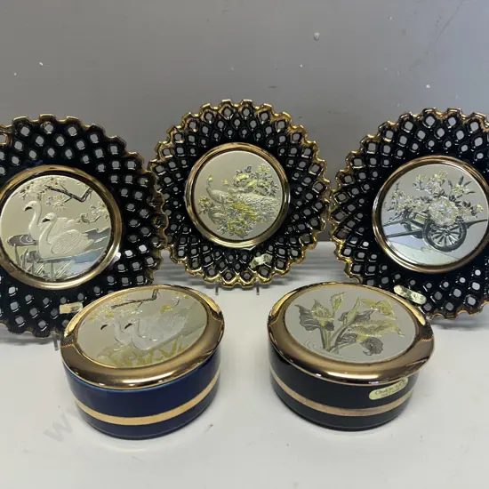 Assorted Japanese Chokin Art Items Including Lidded Trinket Dishes Lily & Swan With Three Display Plates