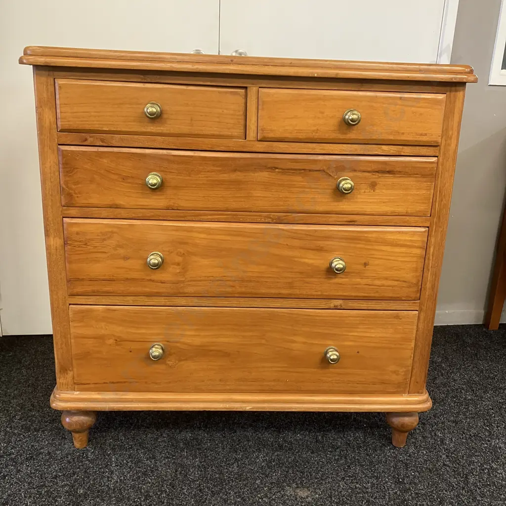 Recycled Rimu 5 Drawer Scotch Chest, Brass Knob Handles, Turned Feet. H105 W105 D50cm (Back Split) Image 1++